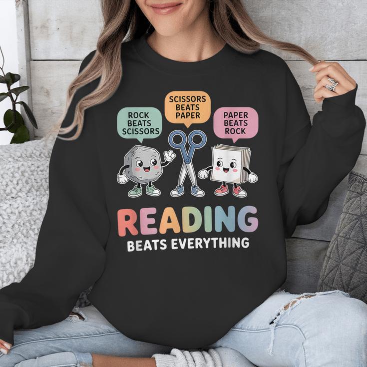 Reading Beats Everything Teacher Rock Paper Scissors Unisex Sweatshirt, funny design Reading Beats Everything Teacher Rock Paper Scissors Unisex Sweatshirt, funny design