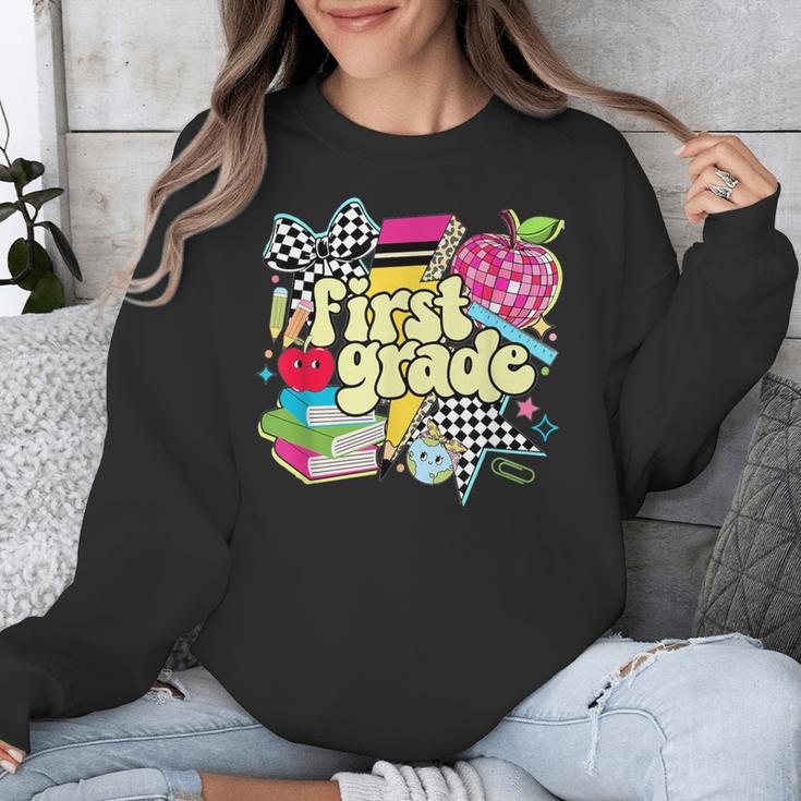 Retro First Grade Teacher Disco Ball Coquette Back To School Unisex Sweatshirt, First Grade Teacher Gifts, funny design Retro First Grade Teacher Disco Ball Coquette Back To School Unisex Sweatshirt, First Grade Teacher Gifts, funny design