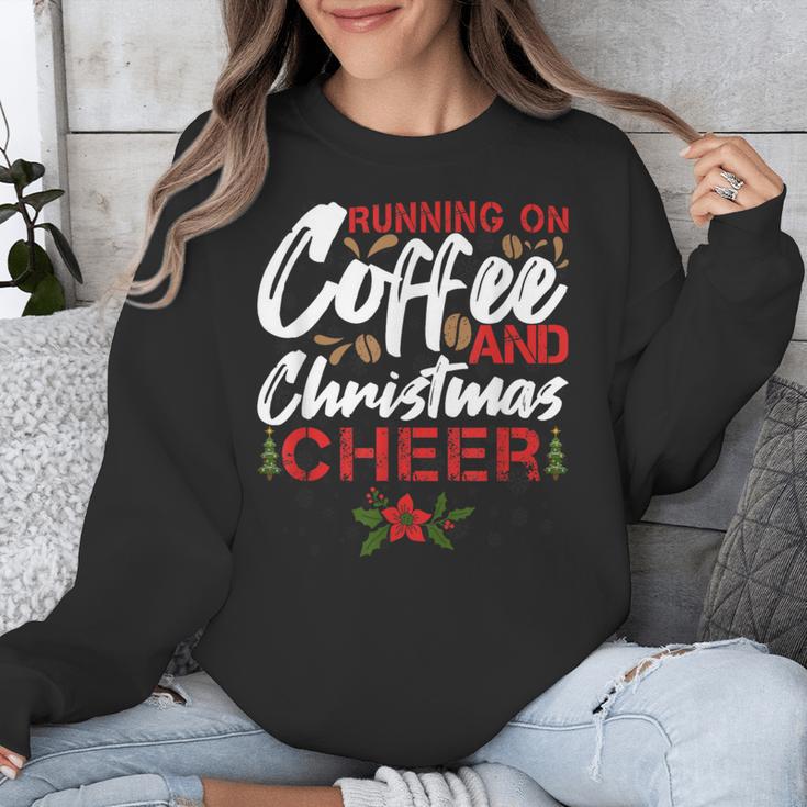 Running On Coffee And Christmas Cheer Lover Teacher For Men Women Kids Unisex Sweatshirt, funny design