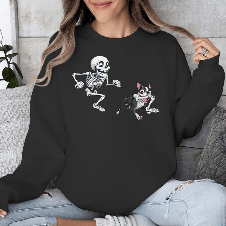 Skeleton Chasing Dog Boston Terrier Halloween Pet Lover Unisex Sweatshirt, Boston Terrier Halloween Gifts, funny design