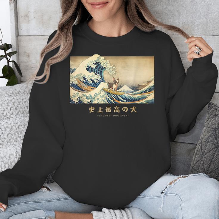 Surfing Boston Terrier Kanagawa Wave Japanese Dog For Men Women Kids Unisex Sweatshirt, funny design