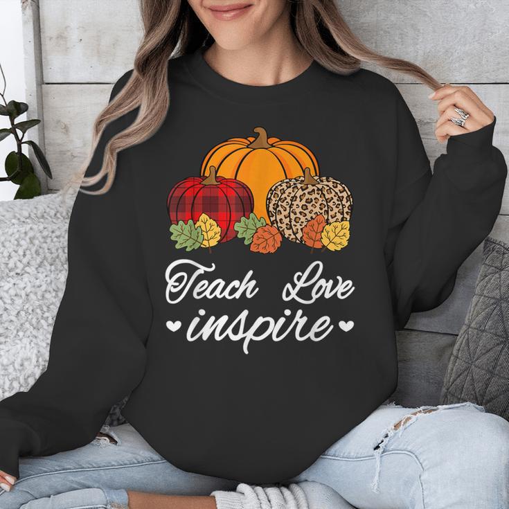 Teach Love Inspire Autumn Fall Plaid Leopard Pumpkin Teacher For Men Women Kids Unisex Sweatshirt, funny design