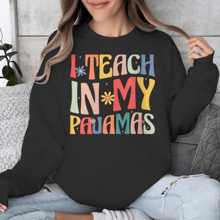 I Teach In My Pajamas Retro Groovy Teacher Humor Unisex Sweatshirt, Groovy Teacher Gifts, funny design I Teach In My Pajamas Retro Groovy Teacher Humor Unisex Sweatshirt, Groovy Teacher Gifts, funny design