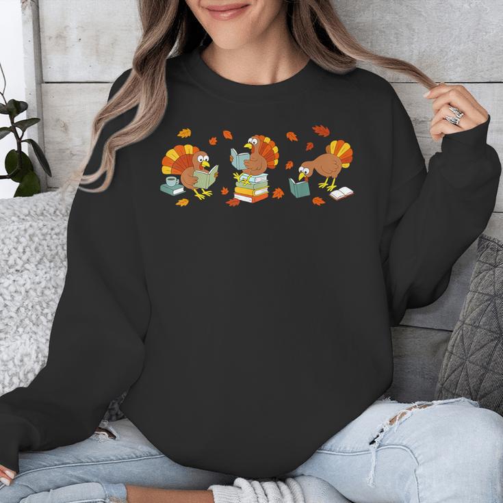 Turkey Reading Books Fall Thanksgiving Teacher Book Lovers Unisex Sweatshirt, funny design