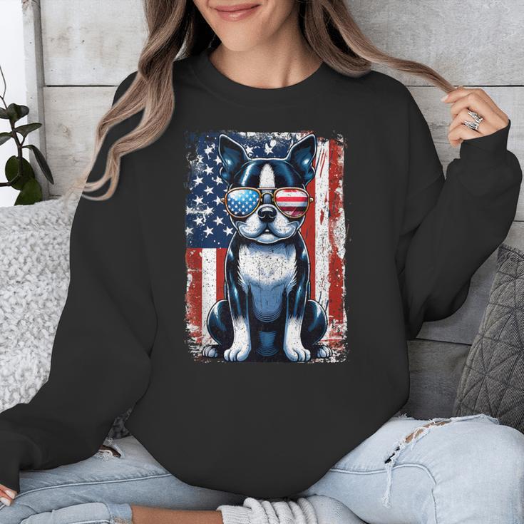 Vintage Boston Terrier Dog American USA US Flag Pets Lovers Unisex Sweatshirt, American Boston Terrier Gifts, funny design