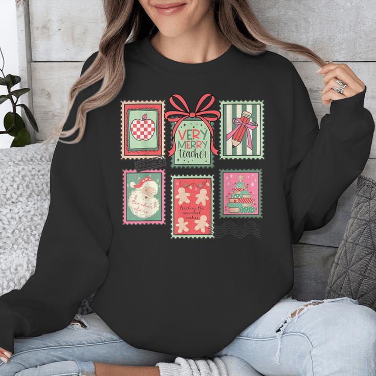 Vintage Preppy Very Merry Teacher Santa Stamps Christmas Unisex Sweatshirt, funny design Vintage Preppy Very Merry Teacher Santa Stamps Christmas Unisex Sweatshirt, funny design