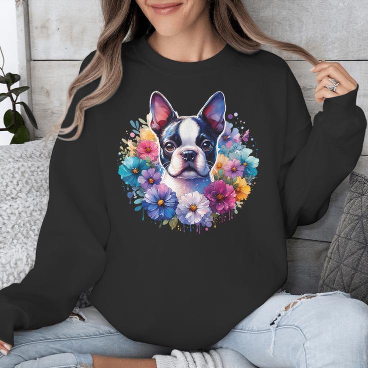 Watercolor Floral Boston Terrier Mama Dog Lover Mother's Day Unisex Sweatshirt, funny design