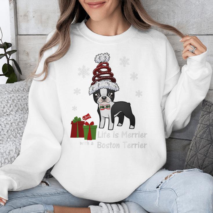 Boston Terrier Christmas T Shirt-Life Is Merrier Premium Tri-Blend Unisex Sweatshirt, Boston Terrier Christmas Gifts, funny design