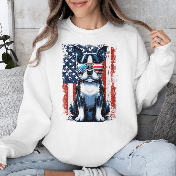 Boston Terrier Dog American USA US Flag Pets Vintage Outfit Unisex Sweatshirt, American Boston Terrier Gifts, funny design