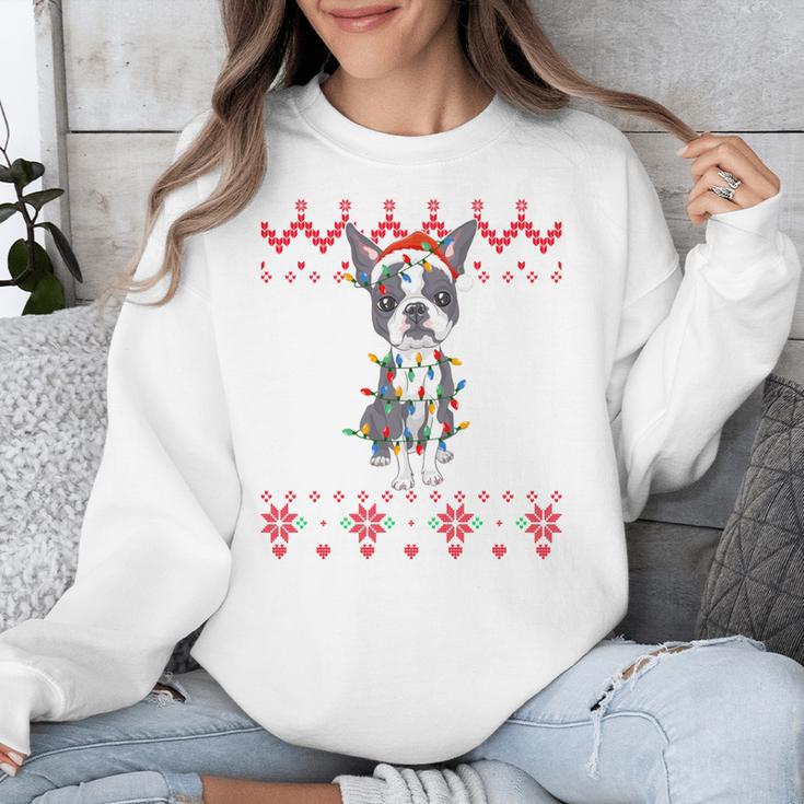 Boston Terrier Dog Santa Hat Men Kids Ugly Christmas Light Unisex Sweatshirt, Boston Terrier Christmas Gifts, funny design