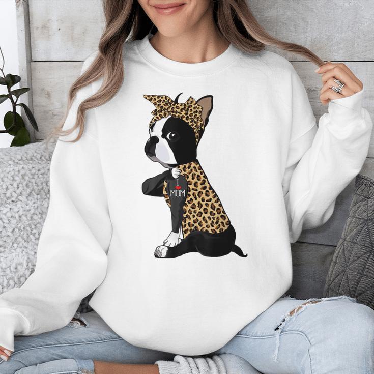 Boston Terrier Lover I Love Mom Tattoo Leopard Unisex Sweatshirt, Mom Gifts, Boston Terrier Mom Gifts, funny design