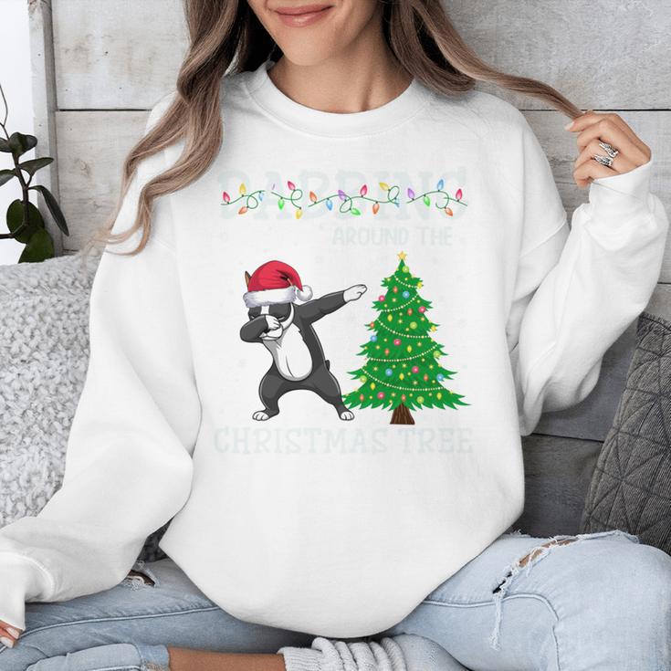 Boston Terrier Santa Hat Dabbing Around The Christmas Tree Unisex Sweatshirt, Boston Terrier Christmas Gifts, funny design