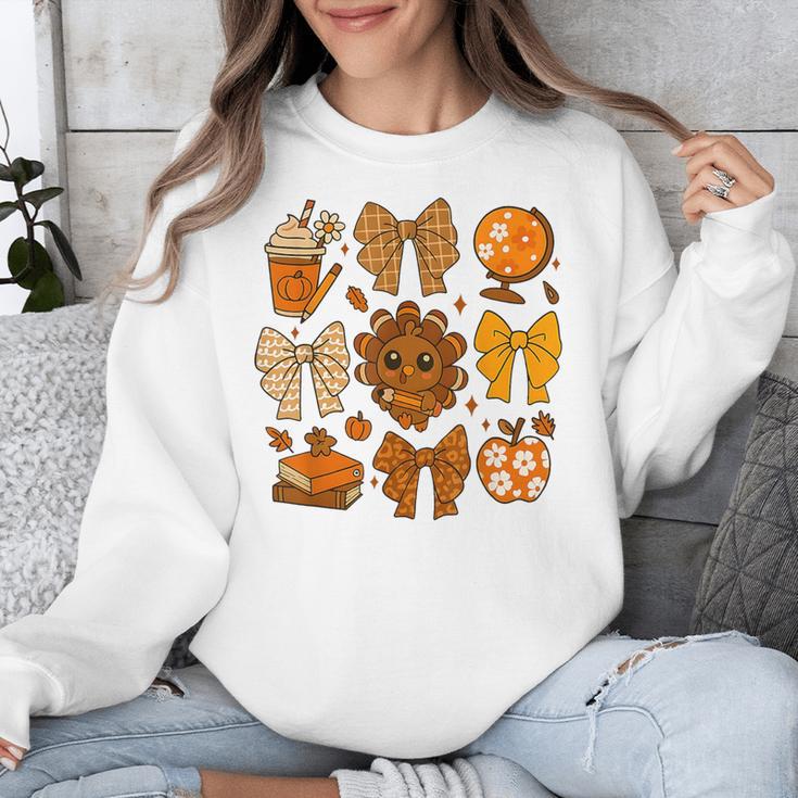 Coquette Teach Teacher Bows Thanksgiving Turkey Fall Autumn Unisex Sweatshirt, funny design