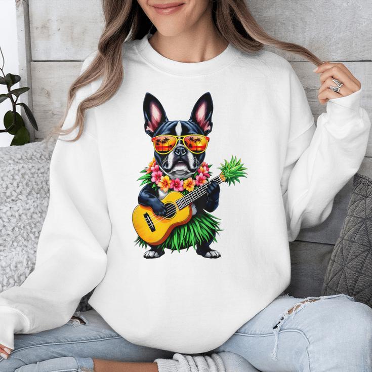 Hawaiian Boston Terrier & Pineapple Ukulele Summer Vacation Unisex Sweatshirt, funny design