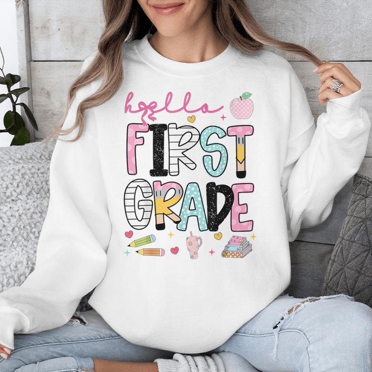 Hello First Grade Teacher Coquette Pencil Bow Back To School Unisex Sweatshirt, First Grade Teacher Gifts, funny design