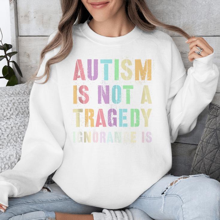 Kids AUTISM IS NOT A TRAGEDY IGNORANCE IS Proud Teacher Crew Unisex Sweatshirt, funny design