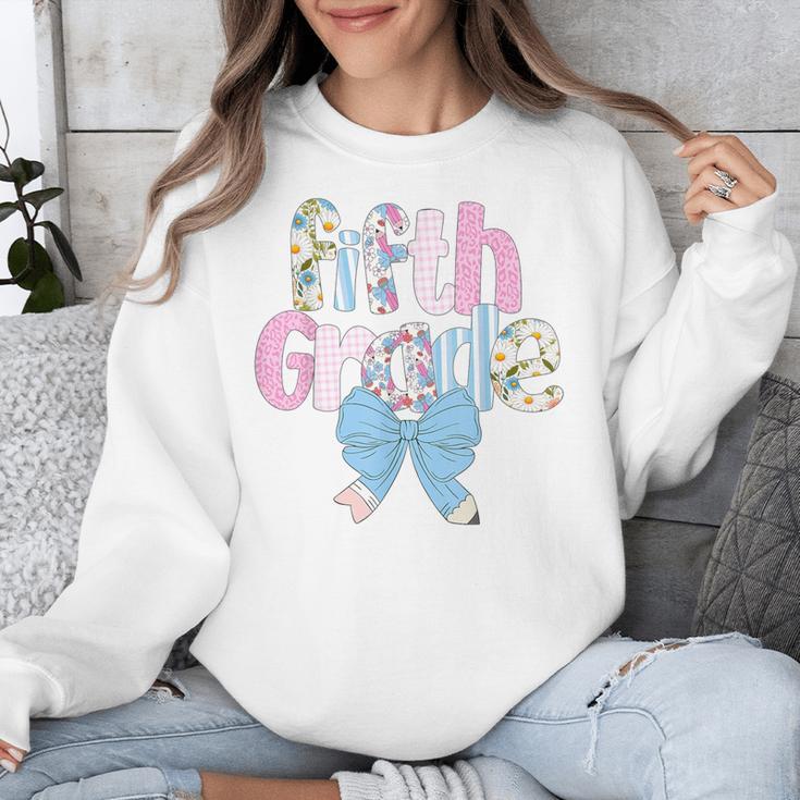 Preppy Fifth Grade Teacher Blue Floral Coquette Pencil Bow Unisex Sweatshirt, funny design