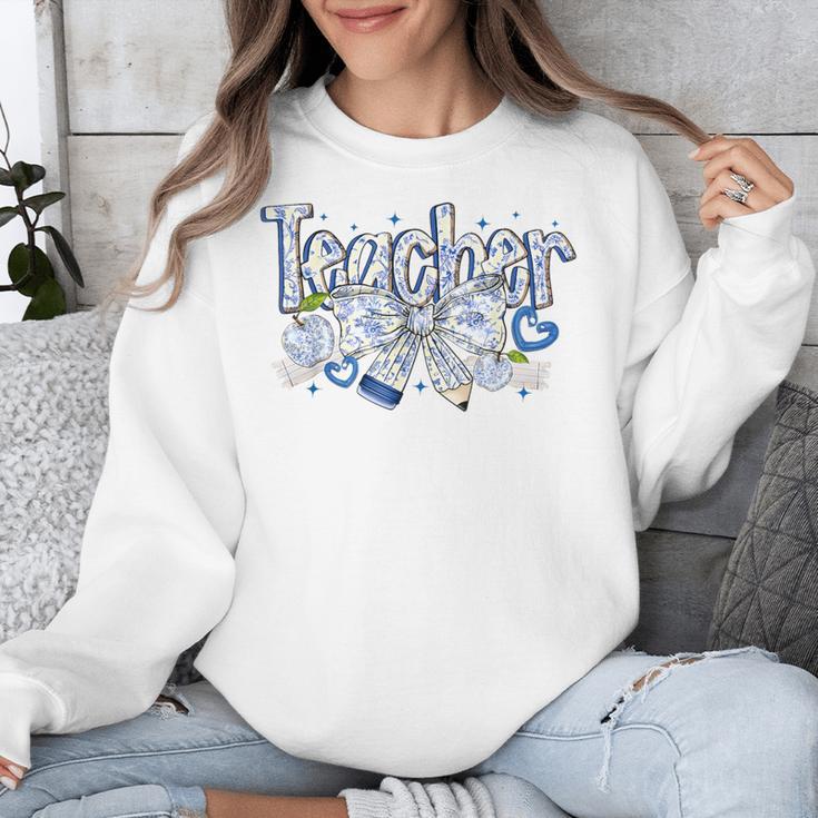 Teacher Blue Chinoiserie Coquette Bow Heart Teacher Life Unisex Sweatshirt, funny design Teacher Blue Chinoiserie Coquette Bow Heart Teacher Life Unisex Sweatshirt, funny design