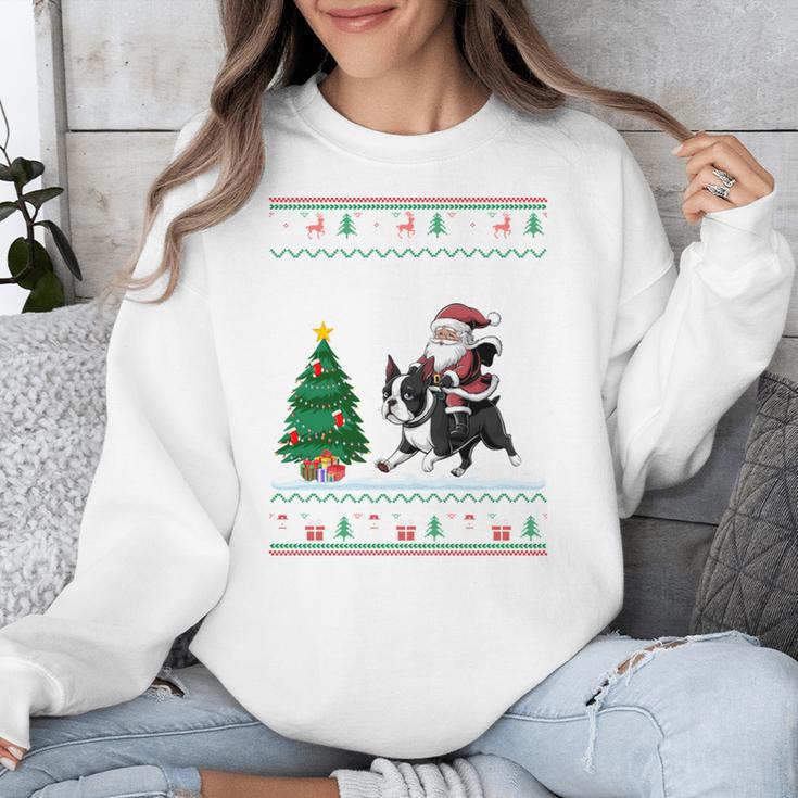 Ugly Christmas Tree Lights Xmas Santa Riding Boston Terrier Unisex Sweatshirt, Boston Terrier Christmas Gifts, Boston Terrier Riding Gifts, funny design