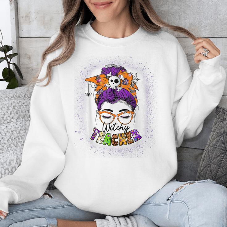 Witchy Teacher Halloween Messy Bun Teacher Bleached Unisex Sweatshirt, funny design Witchy Teacher Halloween Messy Bun Teacher Bleached Unisex Sweatshirt, funny design