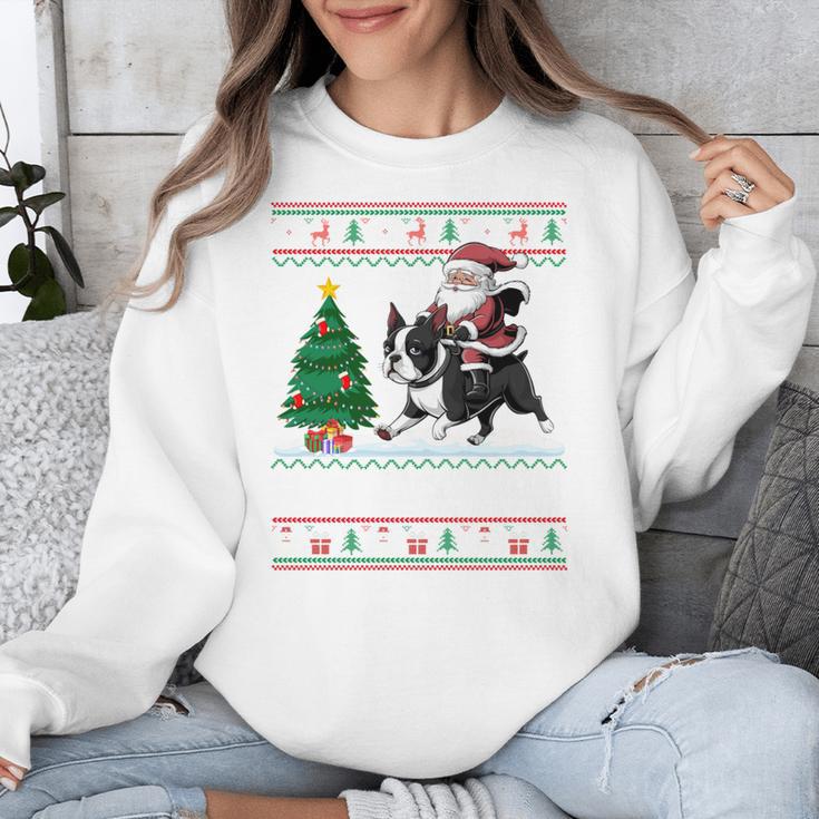Xmas Tree Lighting Santa Riding Boston Terrier Christmas Unisex Sweatshirt, Boston Terrier Christmas Gifts, Boston Terrier Riding Gifts, funny design