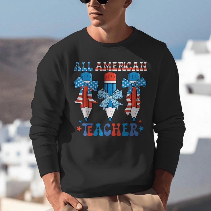 All American Teacher Pencil Coquette Bow USA Flag Teachers Unisex Sweatshirt, funny gift