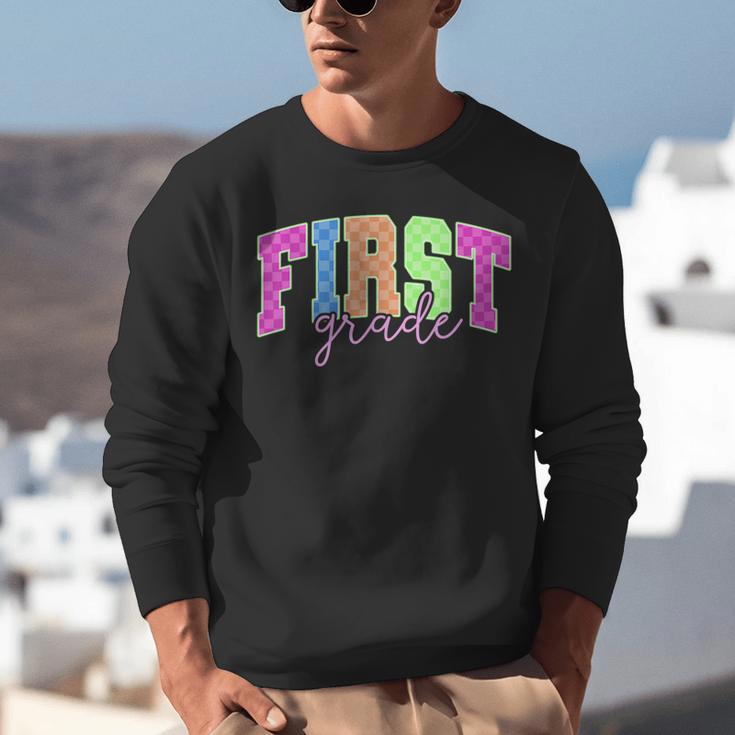 Back To School Neon Checkered First Grade Colorful Teacher Unisex Sweatshirt, First Grade Teacher Sweatshirts, funny gift Back To School Neon Checkered First Grade Colorful Teacher Unisex Sweatshirt, First Grade Teacher Sweatshirts, funny gift