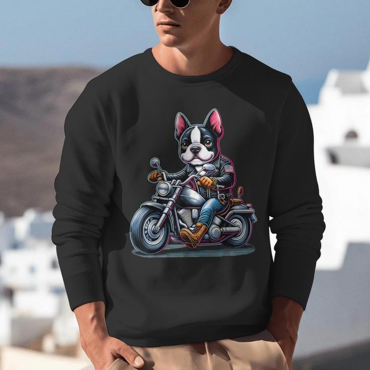 Biker Boston Terrier Dog Riding Motorbike Unisex Sweatshirt, Boston Terrier Riding Sweatshirts, funny gift