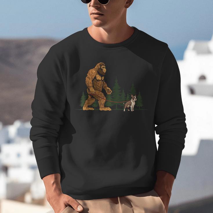 Boston Terrier Bigfoot Dog Walking Dog Mom Dad Kids Unisex Sweatshirt, Boston Terrier Mom Sweatshirts, Boston Terrier Dad Sweatshirts, funny gift