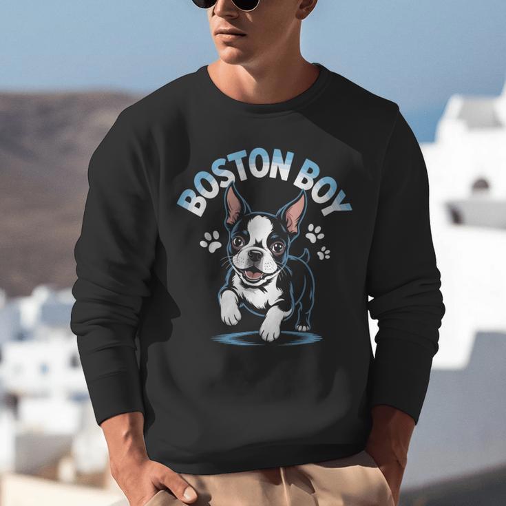 Boston Terrier Boy Cute Cartoon Dog Owner Pet Boston Terrier Unisex Sweatshirt, funny gift