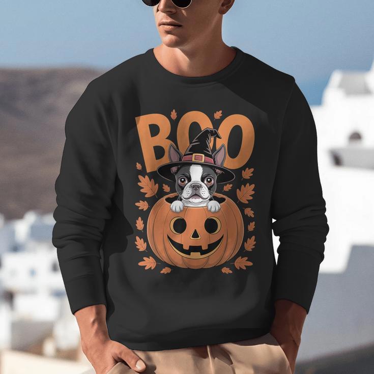 Boston Terrier Costume On Pumpkin Halloween Boston Terrier Unisex Sweatshirt, Boston Terrier Halloween Sweatshirts, funny gift
