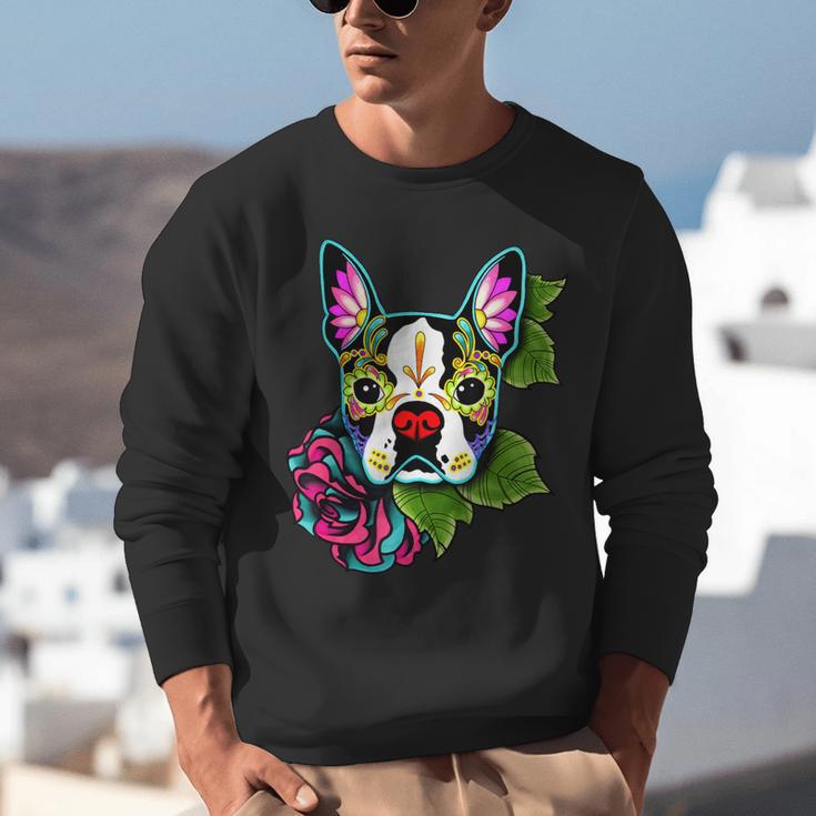 Boston Terrier In Day Of The Dead Sugar Skull Dog Unisex Sweatshirt, funny gift