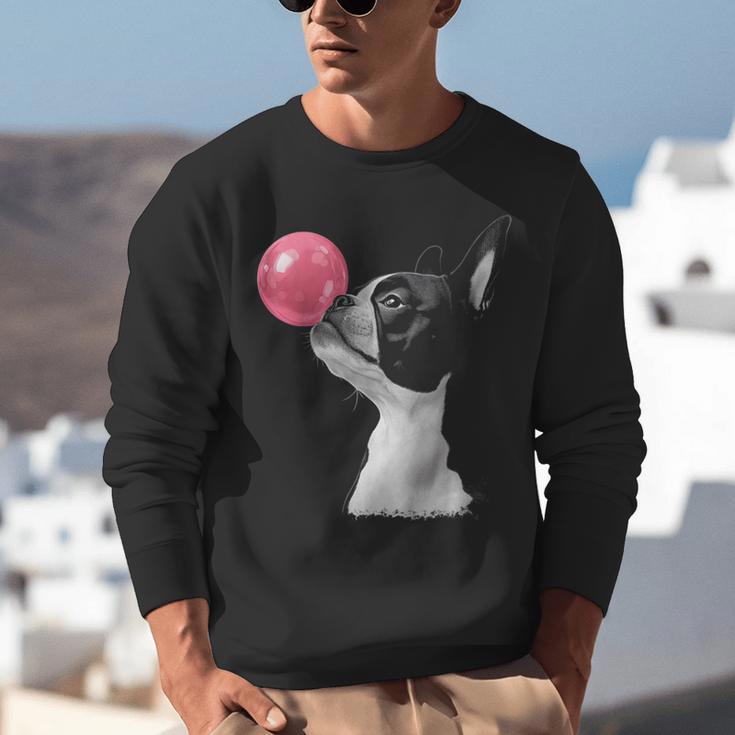 Boston Terrier Dog Blowing Chewing Bubble Gum Pink Unisex Sweatshirt, funny gift
