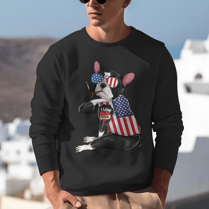Boston Terrier Dog Merica 4th Of July Usa American Flag Men Unisex Sweatshirt, American Boston Terrier Sweatshirts, Boston Terrier 4th Of July Sweatshirts, funny gift