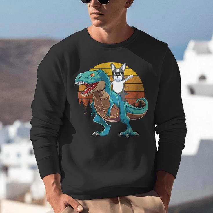 Boston Terrier Dog Riding Dinosaur T Rex Boys Unisex Sweatshirt, Boston Terrier Riding Sweatshirts, funny gift