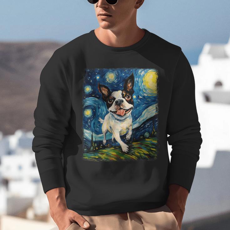 Boston Terrier Dog Starry Night Painting Unisex Sweatshirt, funny gift