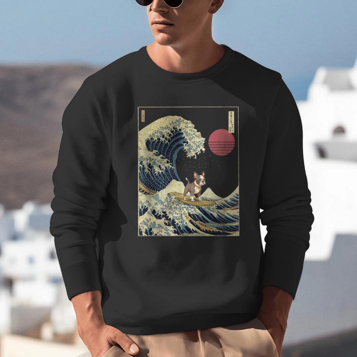 Boston Terrier Japanese Kanagawa Wave Surf Dog Unisex Sweatshirt, funny gift
