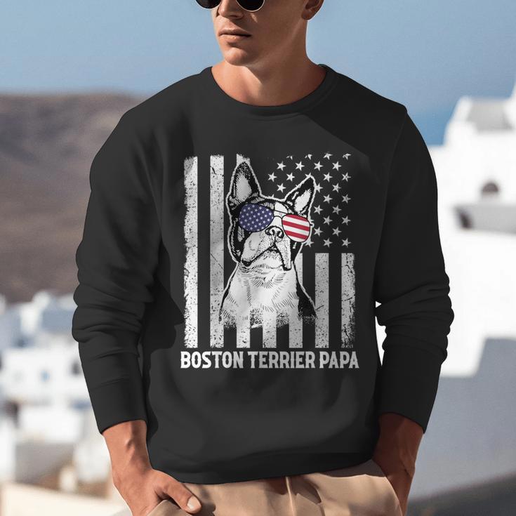 Boston Terrier Papa Cool Dog Lover USA American Flag Men Women Unisex Sweatshirt, American Boston Terrier Sweatshirts, funny gift