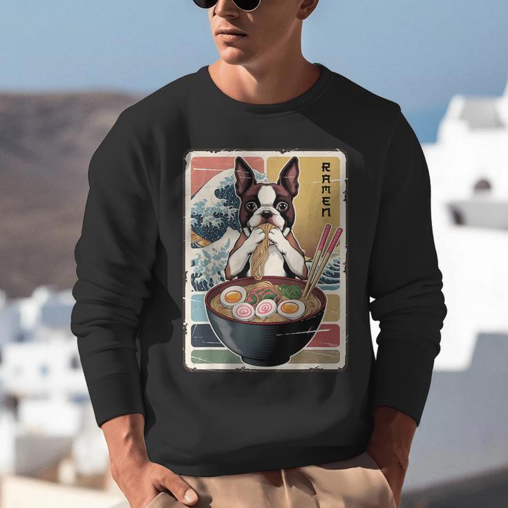 Boston Terrier Ramen Noodles Japanese Art Retro Ocean Waves Unisex Sweatshirt, funny gift