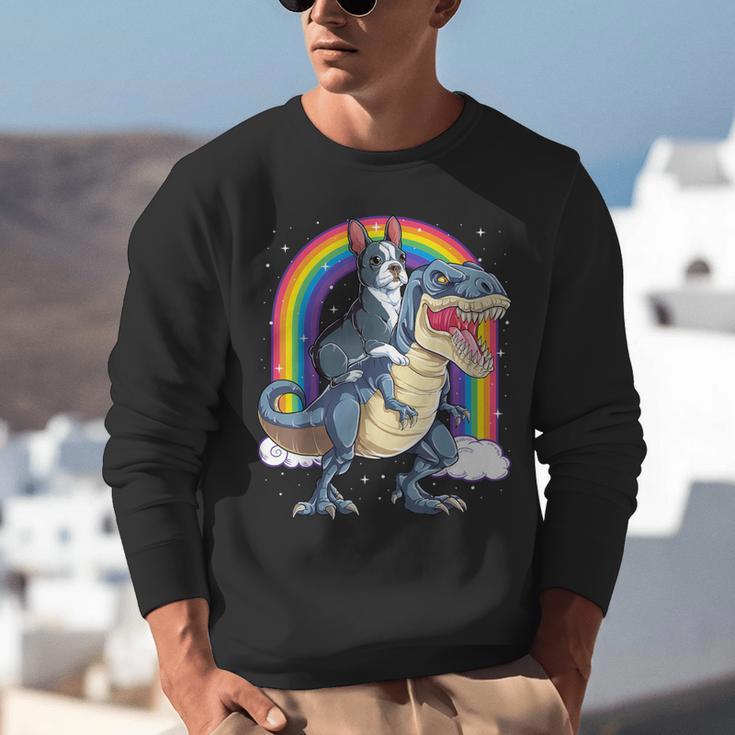 Boston Terrier Riding Dinosaur T-Rex Boys Kids Rainbow Unisex Sweatshirt, Boston Terrier Riding Sweatshirts, funny gift