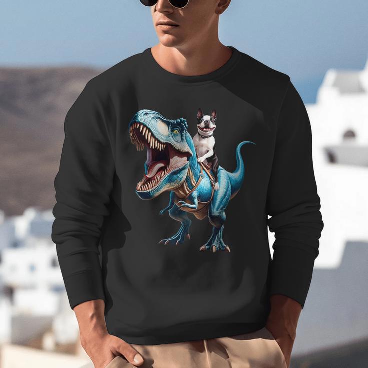 Boston Terrier Riding T-Rex Dinosaur Dog Lover Unisex Sweatshirt, Boston Terrier Riding Sweatshirts, funny gift