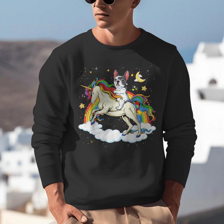 Boston Terrier Riding Unicorn Boys Girls Kids Rainbow Unisex Sweatshirt, Boston Terrier Riding Sweatshirts, funny gift