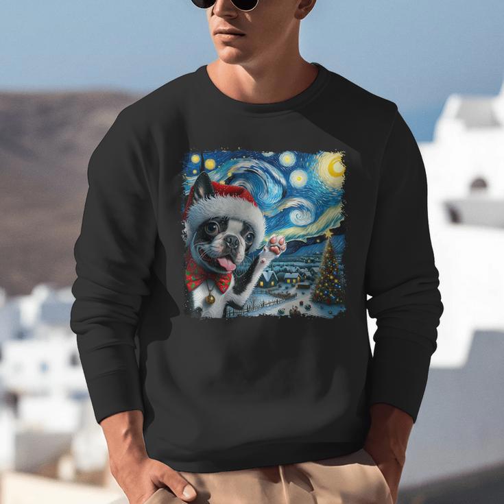 Boston Terrier Santa Starry Night Van Gogh Christmas Dog Men Women Kids Unisex Sweatshirt, Boston Terrier Christmas Sweatshirts, funny gift