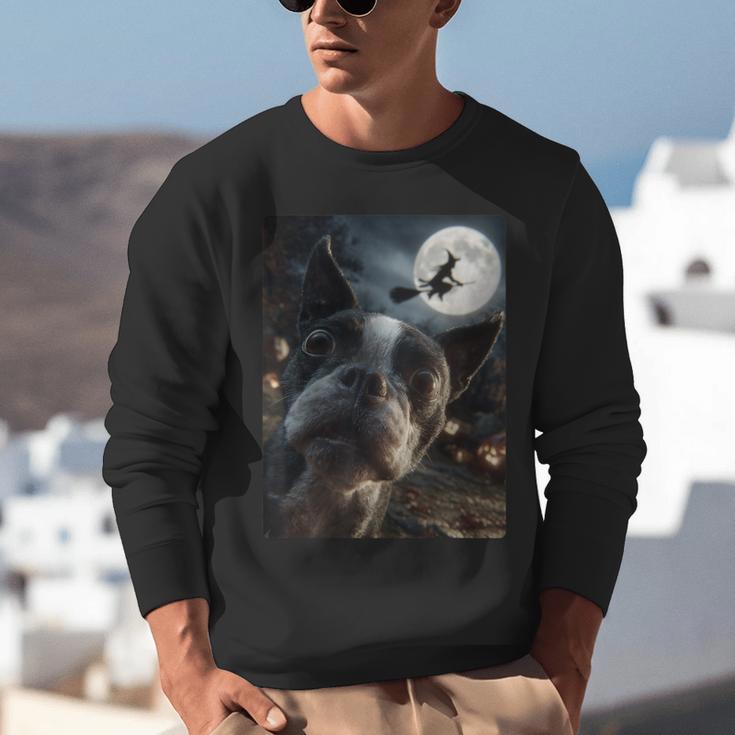 Boston Terrier Selfie Full Moon Flying Witch Halloween Dog Unisex Sweatshirt, Boston Terrier Halloween Sweatshirts, funny gift