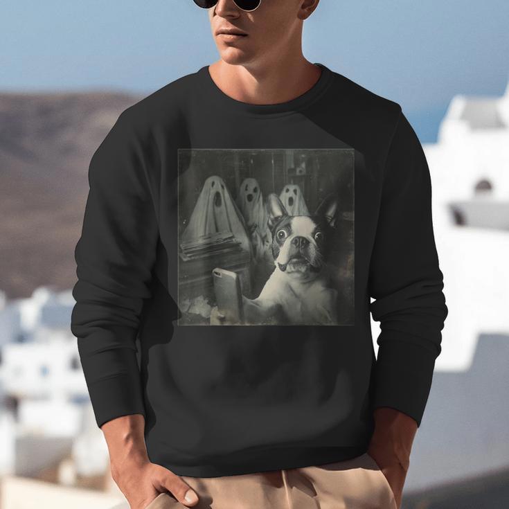 Boston Terrier Selfie With Ghosts Halloween Dog Lover Unisex Sweatshirt, Boston Terrier Halloween Sweatshirts, funny gift