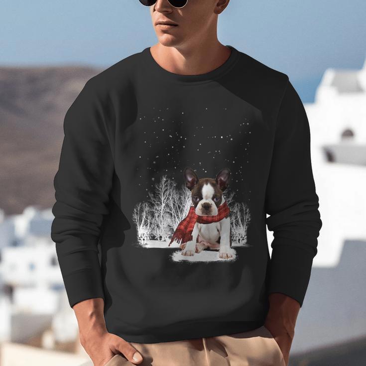 Boston Terrier In The Snow Merry Christmas Winter Unisex Sweatshirt, Boston Terrier Christmas Sweatshirts, funny gift