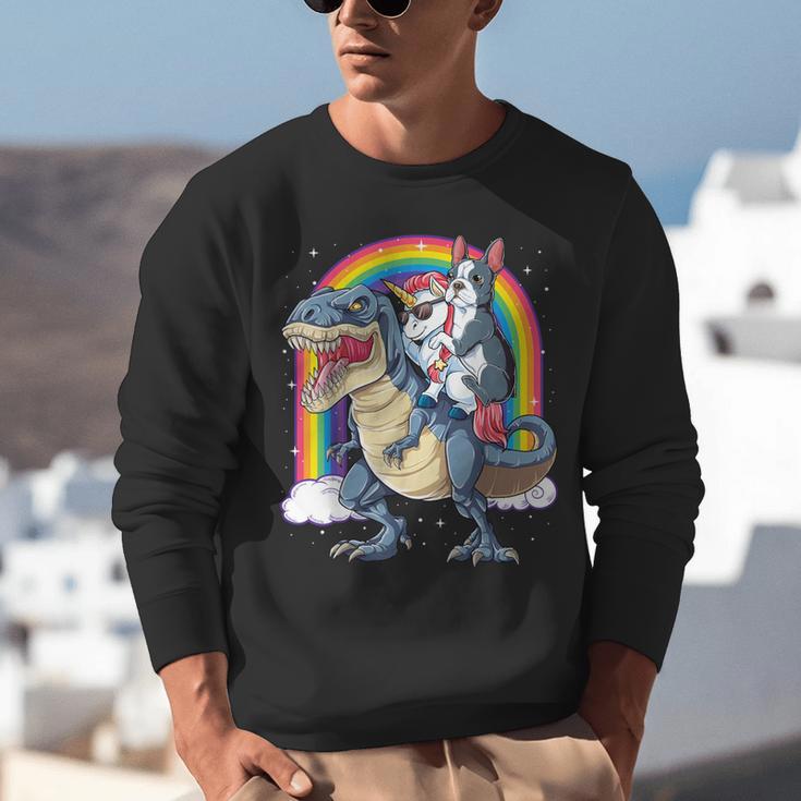 Boston Terrier Unicorn Riding Dinosaur T-Rex Girls Rainbow Unisex Sweatshirt, Boston Terrier Riding Sweatshirts, funny gift