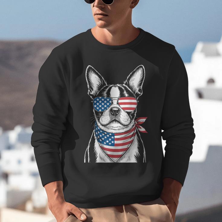 Boston Terrier USA Flag Sunglasses Patriotic 4th Of July Unisex Sweatshirt, Patriotic Boston Terrier Sweatshirts, Boston Terrier 4th Of July Sweatshirts, funny gift