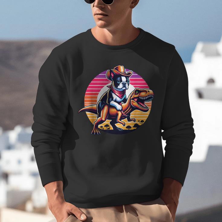 Boston Terrier Wearing A Cowboy Hat On T-Rex Unisex Sweatshirt, funny gift