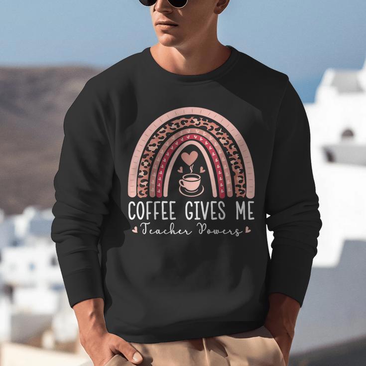Coffee Gives Me Teacher Powers Leopard Rainbow Teacher Unisex Sweatshirt, funny gift